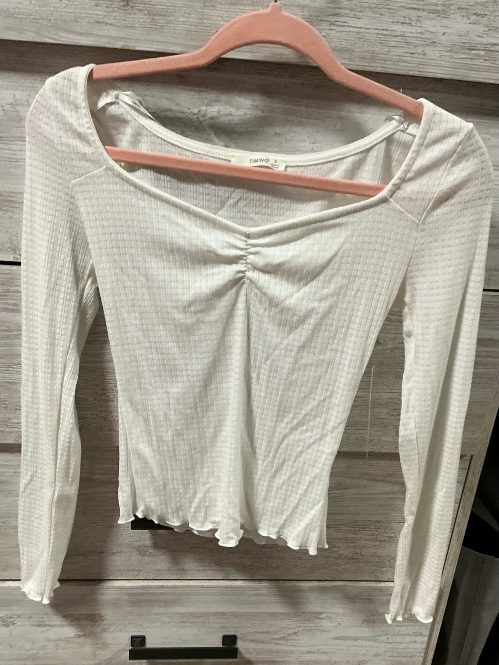 TIMING Cream Ribbed Long-Sleeve Ruched Front Top